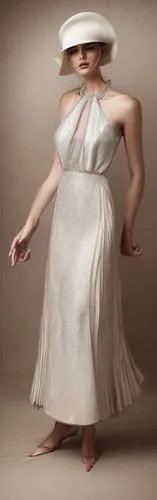 a halter neck gown with a split bodice and side pleats, made of jacquard embroidered fabric.,plus-size model,sackcloth,one-piece garment,plus-size,conceptual photography,dress form,sackcloth textured,