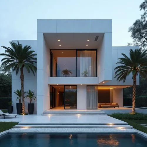 A hyper-realistic, high-resolution architectural photograph capturing a grand, ultra-modern luxury mansion at twilight. The building’s façade is composed of smooth white stone panels contrasted with s