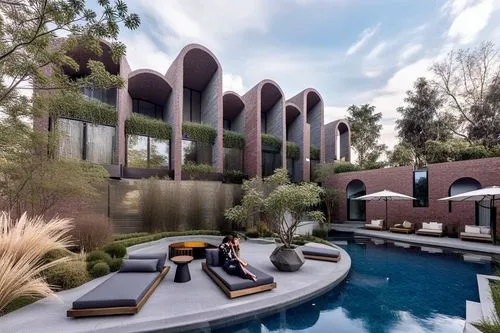 two people sitting at an outside lounge area,render,landscaped,modern house,dunes house,luxury home,mid century modern,luxury property,renders,cube stilt houses,modern architecture,cubic house,lofts,c