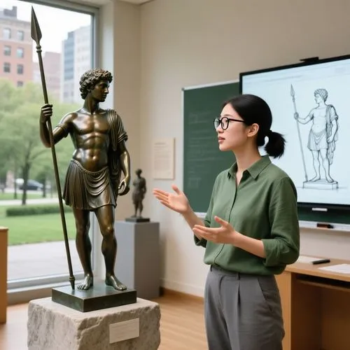 A young art historian with dark hair tied back, wearing glasses and a green-gray smart-casual outfit, discusses a classical bronze sculpture of a young man with a spear on a stone pedestal within a un