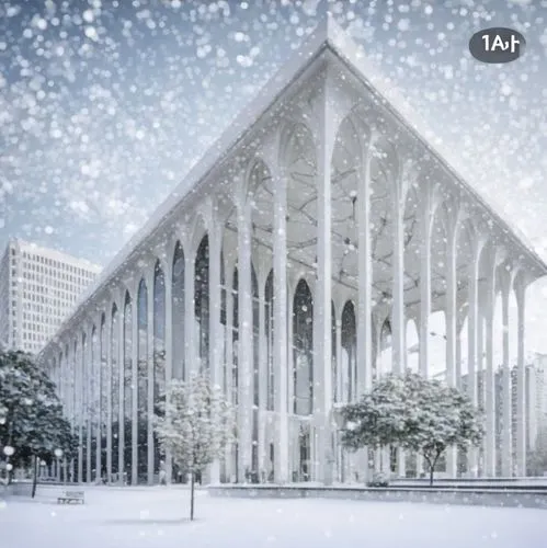 On a snowy day with light snow, a little light is shining from the room. ,a cathedral with tall pillars in the snow,zumthor,tabriz,julliard,bunshaft,koolhaas,moneo