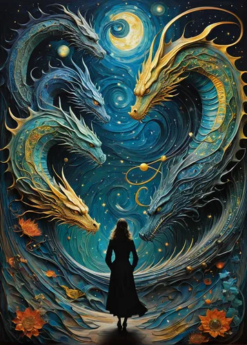Imagine a dreamlike scene blending the swirling cosmic colors of Vincent van Gogh's Starry Night with the surreal celestial precision of Salvador Dali. In the foreground a fantastical creature takes c