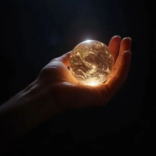 Close shot of a glowing earth holding with one hand, background is full of black color, ultra realistic high quality image, we can only see the arm and the glowing earth,a hand holding a glowing orb o