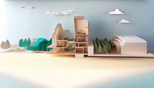 a paper model of a landscape is being displayed,virtual landscape,diorama,dioramas,paper art,low poly,explorable