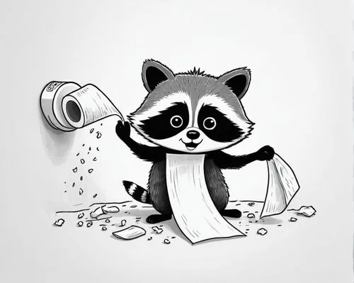 Simple black and white draw, cartoon-style scene. A raccoon is trying to throw toilet paper into a toilet.,a rac holding a roll of paper and putting them on the toilet paper,raccoon,rocket raccoon,rac