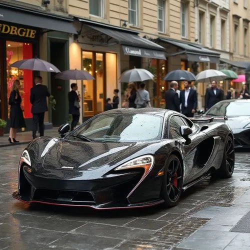 Create a vibrant scene in a bustling city with sleek, modern sports cars parked alongside upscale boutiques. Showcase a McLaren P1 as the centerpiece, designed with intricate lines and bold curves. Ad