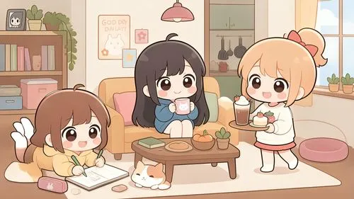 two girls sitting on the floor while looking at books,cat's cafe,tea party,doll kitchen,playing room,children studying,teatime,tea ceremony,sleepover,dog cafe,study room,small table,fluffy diary,picni
