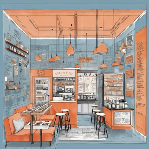 Interior design of a coffee shop, maximalist style, dusk blue and terracotta and cantaloupe color,kitchen shop,seafood counter,ice cream shop,deli,tile kitchen,retro diner,watercolor tea shop,backgrou