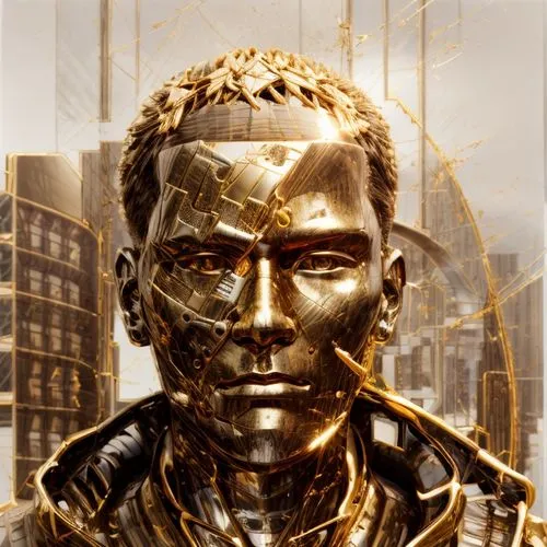 gold mask,c-3po,bust of karl,golden mask,3d man,cd cover,gold paint stroke,gold foil 2020,kendrick lamar,album cover,steel man,bust,african man,metal figure,mayor,the statue,sculptor,random access mem