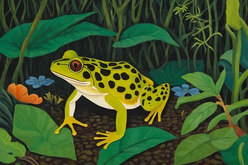 Create a suspenseful scene where a common frog hides from a predator in a dense forest.,golden poison frog,poison dart frog,fire-bellied toad,green frog,oriental fire-bellied toad,frog background,hyss