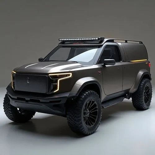A high-performance electric pickup truck with a futuristic industrial aesthetic, the format is like a van. Its exoskeleton is made of brushed titanium, with retractable storage compartments and tools.