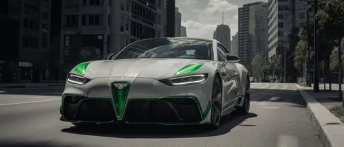 Modern, Super Bentley Sports Car Diamond White green positive side 8K Ultra HD, Luxury Metropolis background






,a sports car with an emerald stripe on the front is driving down the street,sustaina