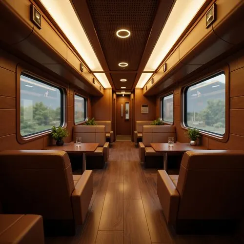 Luxurious train interior, soft leather seats, warm wooden accents, sound-absorbing acoustic panels, gentle ambient lighting, calm atmosphere, quiet ride experience, comfortable passenger seating, ergo