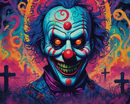 Design a haunting Slipknot poster with a creepy clown element in a foggy graveyard setting.,creepy clown,horror clown,scary clown,clown,rodeo clown,joker,halloween poster,halloween wallpaper,it,jester