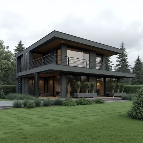 A sleek, contemporary two-story home composed of clean, geometric lines and a sophisticated monochromatic palette of charcoal, graphite, and soft gray. The façade features large windows framed by slim