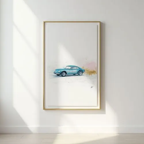 delicate elegant painting on white wall,pastel colors and gold and blue, simple slim gold frame, frontview, vertical,lineart,abstract cars
,a car sitting in a framed po on a wall,blue leaf frame,frame