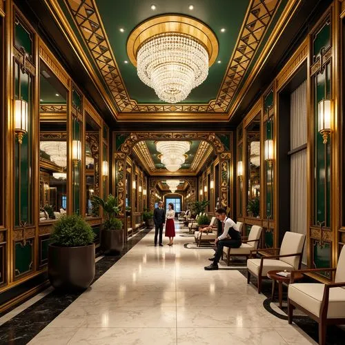 Luxurious Art Deco architecture, opulent metallic accents, ornate geometric patterns, lavish crystal chandeliers, rich jewel-toned color palette, emerald green, sapphire blue, ruby red, golden yellow,