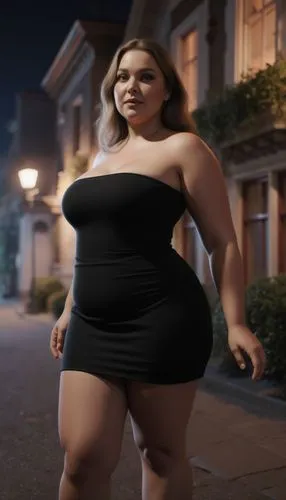 A beautiful, plump  woman with a hourglass body type is standing straight in front of a charming building, dressed in a stylish black tube-dress. The scene is set during a summer night with cinematic 