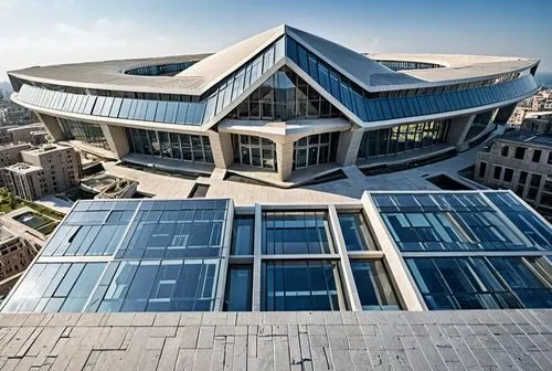  building color with futuristic architectural modern ,an architecturally designed building has a massive blue roof,glass facade,solar cell base,biotechnology research institute,glass facades,glass roo