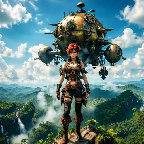 Steampunk sky pirates anime ,a woman with red hair and an unusual outfit stands on a rock, overlooking the water below her are mountains, and a bird is standing in,adventurer,airship,airships,adventur