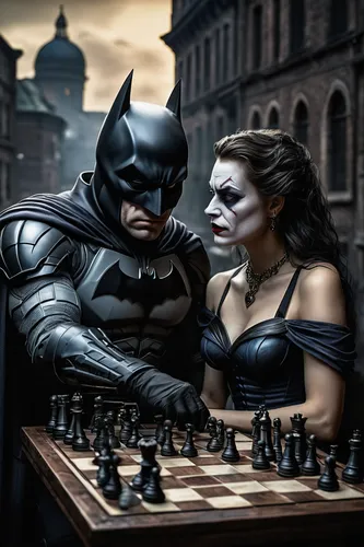 male batman voluntary playing chess with a beautiful female joker, arkham gotham city street in the background, rembrandt and caravaggio motivates colors, fluidity, many details, realism, surrealism, 