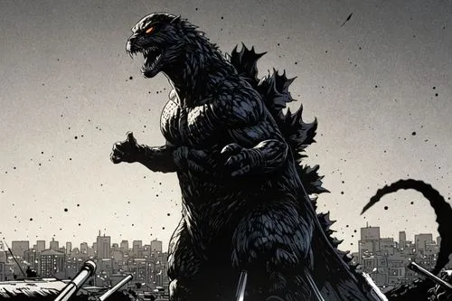 COMIC STYLE, COMIC ART, Tuschelinien, Schatten, dynamische Linienführung, 2000's Comic‑Look, slim black ink outline,an image of godzilla standing on top of a hill,dragon of earth,black dragon,rises,do