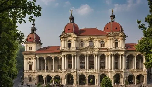 Bucharest architecture, grandiose building, ornate details, Baroque style, intricate stonework, tall columns, arched windows, balconies with ornate metalwork, red-tiled roofs, greenery climbing up wal