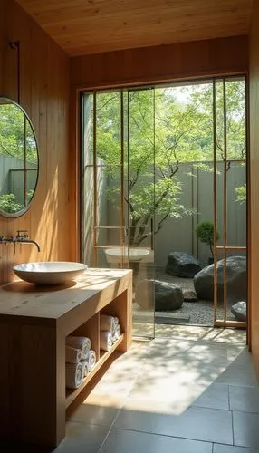 A serene Japanese-style bathroom with a natural aesthetic, featuring a wooden interior, a minimalistic white basin on a wooden countertop, a small Zen garden with large rocks and green maple trees vis