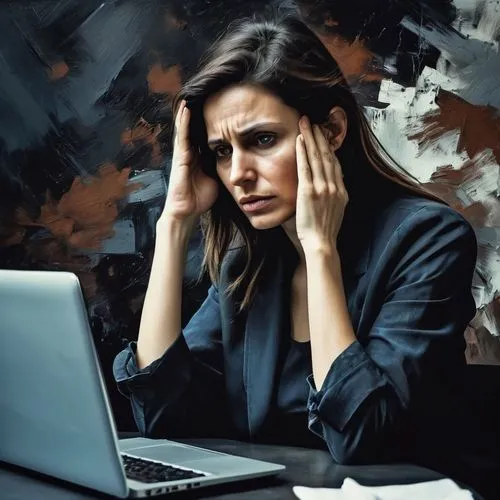 Loose, smudged, dark, abstract painting style of a 30-year-old woman with tired expression and with a laptop. Hands perfect,stressed woman,depressed woman,anxiety disorder,dysthymia,telepsychiatry,fib