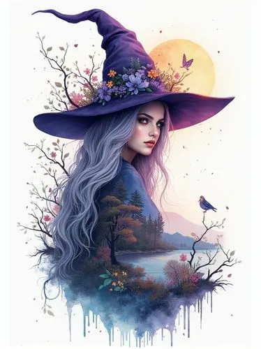 isolated on white clipart Jessica Roux's watercolor illustration of double exposure of witch and trees and river, autumn forest and hills in the shape of the silhouette of a witch, an beautiful femini
