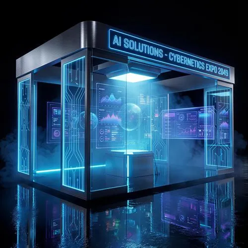 AI technology exhibition booth, holographic displays, transparent screens, glowing blue light, futuristic UI elements, cyberpunk style, reflective floor, volumetric fog, ultra detailed, unreal engine,