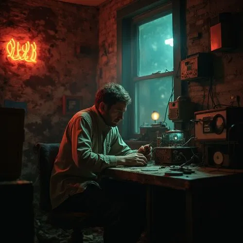 Within a decrepit apartment, illuminated solely by the flickering light of a malfunctioning neon sign outside the window, a man sits at a cluttered desk. Surrounded by obsolete electronics and stacks 