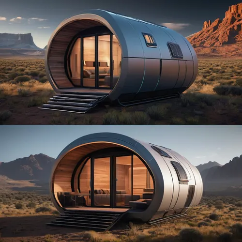 Envision a series of self-contained, mobile living pods that can be transported to various environments, such as forests, deserts, or mountains. Each pod should provide essential living amenities whil