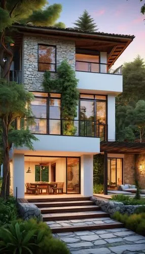 Modern villa, two-story, sloping roof, white walls, large windows, sliding glass doors, wooden deck, outdoor furniture, lush green garden, tall trees, stone pathway, rustic gate, warm sunset lighting,