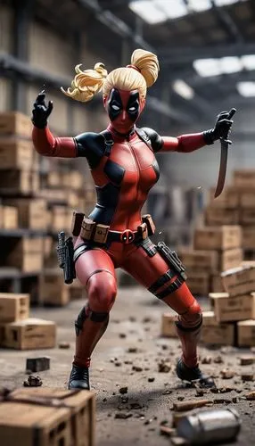 Hyperrealistic full-body dynamic action shot of a Lady Deadpool collectible figurine, 1/6 scale. Red and black suit, blonde ponytail, dual katanas. Mid-air leaping pose. Ultra-realistic background of 