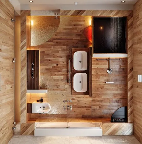 Create perspektive view of a modern, elegant, accessible, and comfortable spatial representation of a bathroom with an infrared cabin and a stylish shower. Use bright, warm colors,  to enhance the vis