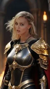 "Une guerrière Sœur de Bataille de l'univers de Warhammer 40,000, dans un style réaliste et sombre avec une touche gothique futuriste. Elle a les cheveux blancs coupés courts, une peau pâle, et une ex