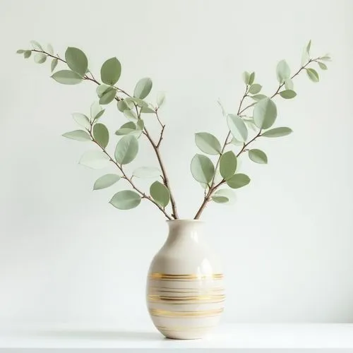 delicate elegant decorative branches with light green leaves ,on white wall,frontview, simple elegant   gold stripes vase
,a vase sitting on top of a counter holding plants,boxwood,a sprig of white li