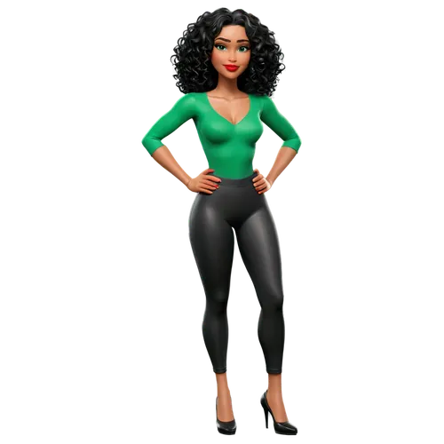 Create only high resolution images, pixar 3d, 4k, character sheet style, like a paper doll, A pose style. She must be wearing shiny black lycra leggings, a green cropped top t-shirt with a V-neck. On 