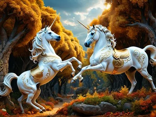 two white unicorns are playing in a magical forest,two white unicorns one is riding a carousel,unicorn background,unicorn art,fantasy picture,white horses,golden unicorn,fantasy art,a white horse,whit