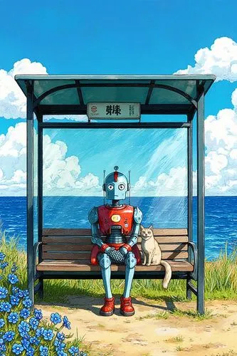 a anime style robot sitting on a country side bus stop bench with a cat, behind blue ocean view, bus stop beautiful, blue flowers, clouds in the sky, vibrant color,beach background,summer background,r