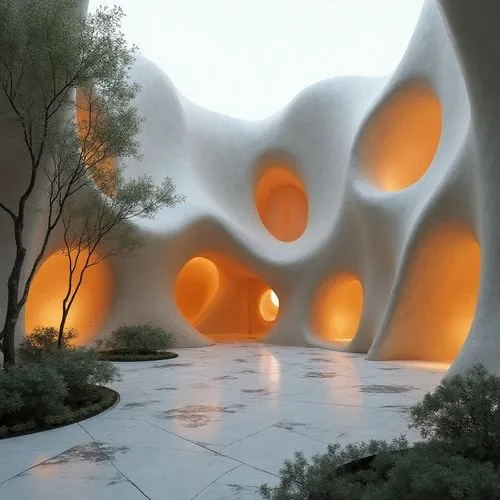 A sculptural digital model of an urban meditation center inspired by the folds of fabric, with flowing concrete drapes and soft glowing interiors, placed within a quiet Indian courtyard.",this is an a