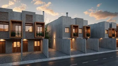render this scene, set in a early morning setting, wood facade combined with concrete, include cars and pedestrians,modern buildings with lights on are illuminated on the empty street,townhouses,townh