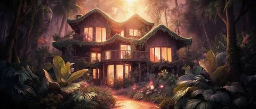 Cinematic architectural poster of a near-fantastical house integrated with nature, glowing soft warm light, surreal lush gardens with oversized plants and glowing flora, ethereal atmosphere.,a paintin