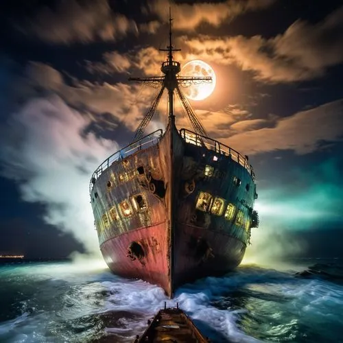 old Japanese ship, Traditional, ship's deck, cold Indian Ocean, night time,  icy water, sea storm, survival struggle, desperate cries, heroic acts, full moon, dark sky, underwater, rusted metal, sea c