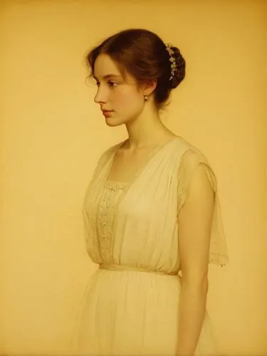 Mary Ward,an image of a beautiful woman wearing a white dress,vintage female portrait,vintage woman,milkmaid,girl in a long dress,yellow background,portrait of a woman,young woman,portrait background,