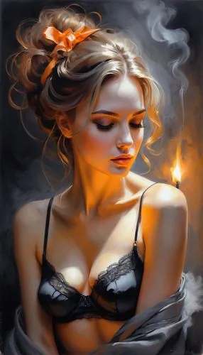the drawings drawn with lit matches were cute, in the style of feminine portraiture, golden light, light gray, pensive poses, smokey background, light orange and light black, light & shadow, lingerie,
