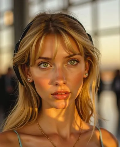 An oil paint portrait of a beautiful young woman with long blonde hair flowing for her shoulder, green eyes stand up on airport floor at sunrise. She is wearing ight blue sleeveless top, having porcel