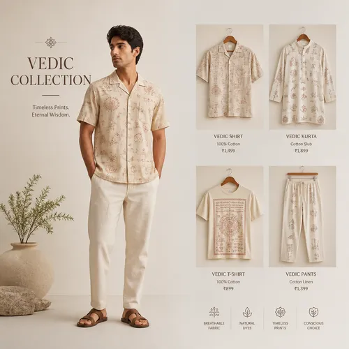 roupa de catálogo com estampa no estilo védica, fundo neutro minimalista  ,the image shows a man wearing a shirt and pants,kaftan,caftan,dhoti,ethnic design,shirting,caftans