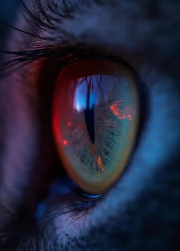 close-up of a beautiful cat eye\( beautiful, cosmic-colored, shining, big eye, glowing, reflection of beautiful colorful lights\). very beautiful long soft eyelashes.,very carefully described. very hi